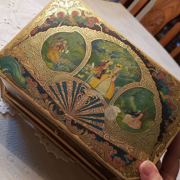 Vintage Metal Hinged Artstyle Chocolates Candy Box Tin w/ Victorian Scenes - Picture 11 of 14